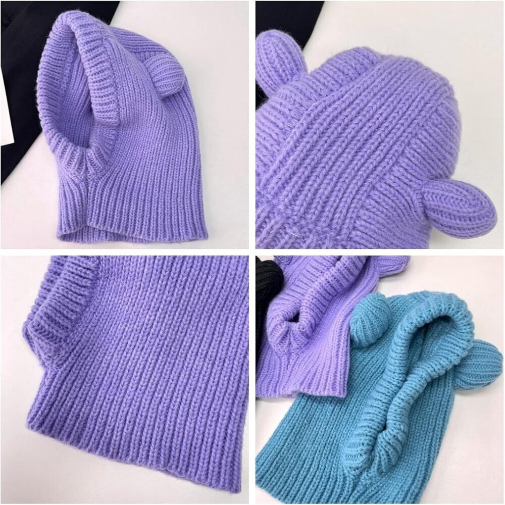 Women's Purple Cute Bear Balaclava Warm Hooded Scarf Beanie Hat Skull Pullover - Picture 6 of 7